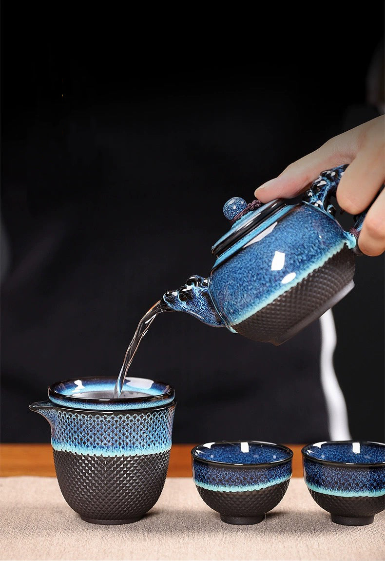 "Premium kiln-transformed Jianzhan tea set, suitable for home brewing and office hospitality."