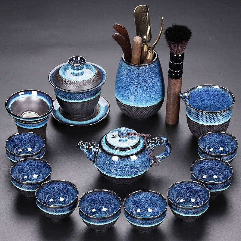 "Premium kiln-transformed Jianzhan tea set, suitable for home brewing and office hospitality."